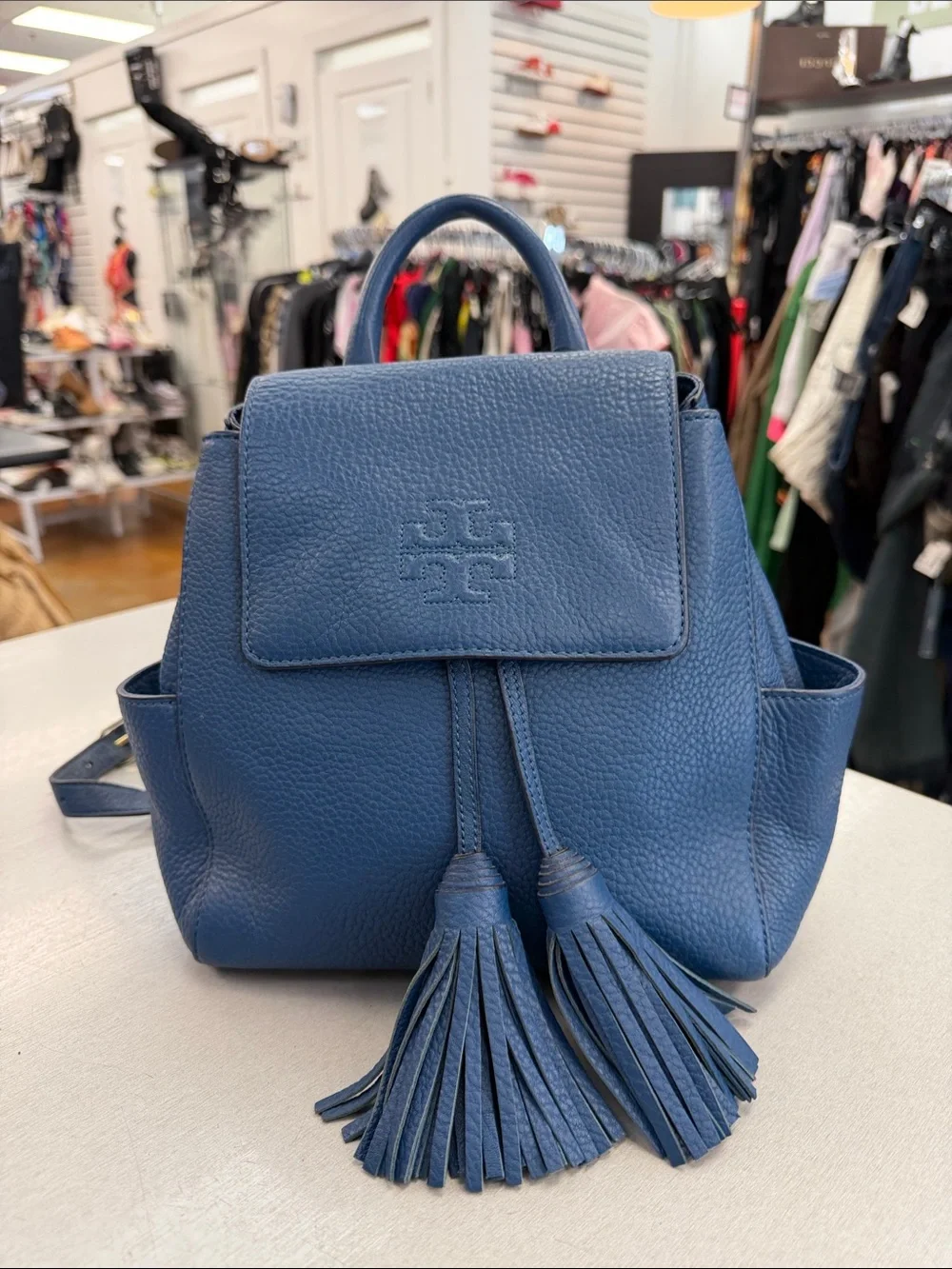 Tory Burch Navy Pebbled Leather Tassel Backpack